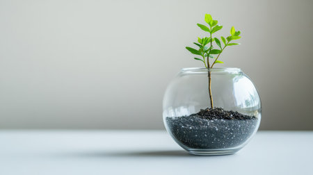 A small green plant thrives in a clear glass container filled with dark soil, symbolizing growth and renewal in a simple and serene indoor setting.の素材