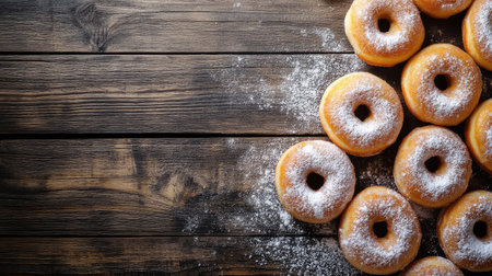 A stunning arrangement of freshly baked doughnuts dusted with powdered sugar on a rustic wooden table, showcasing their deliciousness for food lovers and photography enthusiasts.の素材