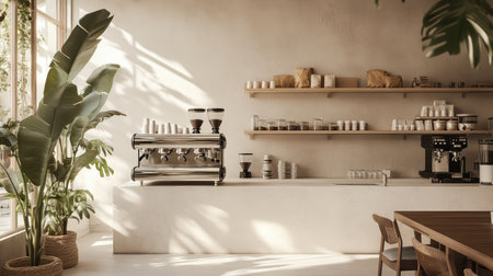 A serene and stylish coffee shop interior showcasing sleek design elements, inviting atmosphere, and lush plants, perfect for enjoying quality coffee and socializing.の素材