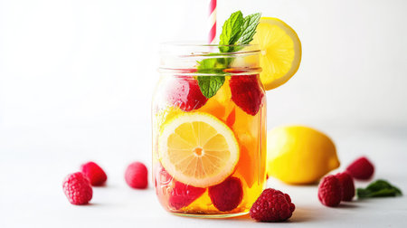 A stylish mason jar filled with a refreshing summer drink, featuring lemons, raspberries, and mint. Perfect for quenching thirst on hot sunny days during gatherings or picnics.の素材