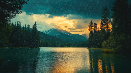 A breathtaking view of a serene lake reflecting the majestic mountains and lush forests under a rain-heavy sky, capturing the tranquility of nature during a dramatic sunset.の素材