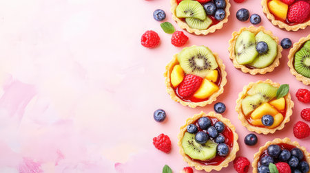 An array of delightful fruit tarts showcases vibrant colors and fresh ingredients, perfect for a sweet treat or dessert table featuring seasonal fruits.の素材