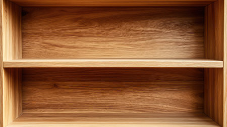 A beautifully crafted empty wooden shelf featuring a smooth surface and natural grain, perfect for showcasing dの素材