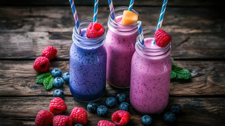 Vibrant smoothies in glass jars, topped with fresh berries and colorful straws, showcase a healthy drink option perfect for summer gatherings or breakfast.の素材