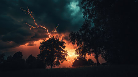 Captivating scene of a lightning bolt illuminating dark clouds at sunset, framed by silhouetted trees, showcasing the raw beauty and energy of nature's wild storms.の素材