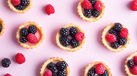 A vibrant display of fresh raspberry and blackberry tartlets on a soft pink background, showcasing delicious desserts ideal for culinary-themed projects and food photography.の素材