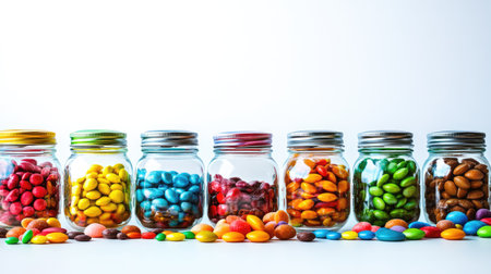 A vibrant collection of jars filled with assorted candies creates a visually appealing display, celebrating bright colors and joyful textures perfect for any candy lover.の素材