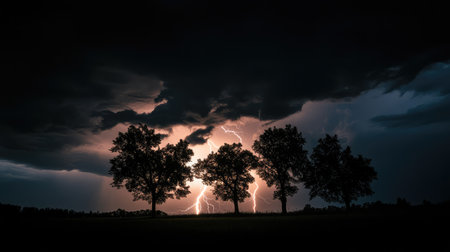 Captivating image of lightning illuminating the dark sky behind silhouetted trees, showcasing the intense beauty and power of nature during a stormy night.の素材