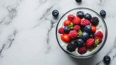 A delicious bowl filled with fresh mixed berries like strawberries, raspberries, blueberries, and blackberries, placed atop a stylish marble surface for an elegant snack or dessert.の素材