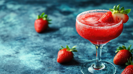 A vibrant strawberry cocktail sits elegantly in a glass on a blue textured background, accented by fresh strawberries, perfect for summer celebrations and gatherings.の素材