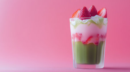 A delightful layered dessert featuring creamy textures and vibrant colors topped with fresh strawberries, ideal for refreshing summer gatherings and sweet occasions.の素材