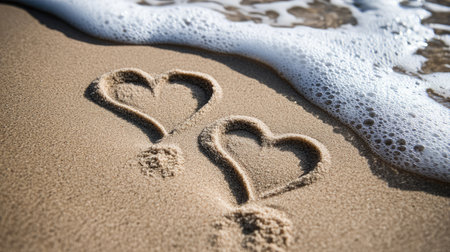 Two heart shapes drawn in soft sand by the ocean evoke feelings of love and connection, complemented by gentle waves, perfect for romantic themes or beach memories.の素材