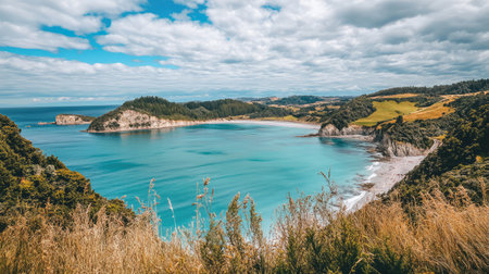 Discover a breathtaking coastal landscape featuring turquoise waters and lush green hills under a dramatic sky, ideal for nature lovers and travel enthusiasts seeking tranquility and beauty.の素材