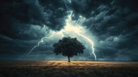 A stunning scene captures a lone tree under a stormy sky, surrounded by dark clouds and vivid lightning, evoking a sense of drama and awe in the natural landscape.の素材