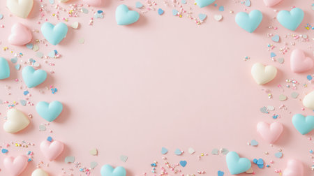 This image showcases heart-shaped candies surrounded by colorful confetti, ideal for creating a playful and romantic vibe for parties and celebrations.の素材