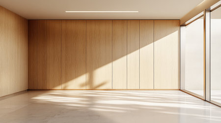 Bright and airy minimalist interior featuring wooden wall panels and large windows creating a serene and stylish atmosphere perfect for contemporary design.の素材