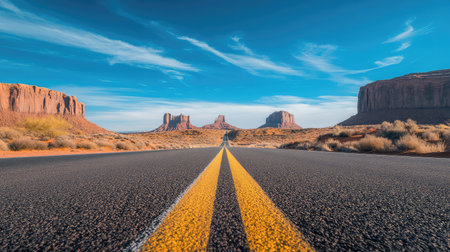 Discover the breathtaking view of an empty desert road leading towards majestic rock formations against a brilliant blue sky, embodying the beauty of outdoor adventure.の素材