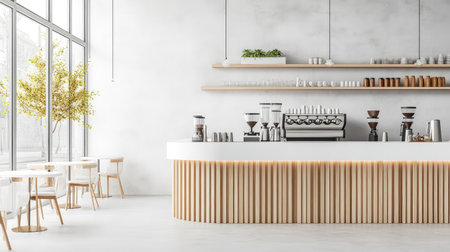 Bright and inviting coffee shop interior with minimalist design, featuring light wood accents and ample natural light, perfect for relaxation and socializing.の素材