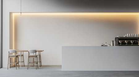 A spacious minimalist cafe featuring a sleek counter and wooden seating. The warm ambient lighting enhances the inviting atmosphere, perfect for relaxation or socializing.の素材