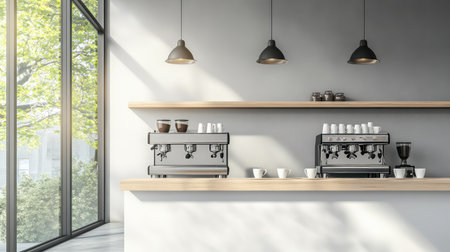 A contemporary coffee shop interior featuring sleek espresso machines, natural light streaming through large windows, and minimalistic decor, creating a warm and inviting atmosphere.の素材