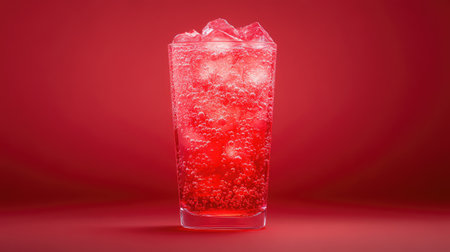 A beautifully styled image of a refreshing red beverage filled with ice cubes, set against a bright red backdrop, ideal for summer promotions and advertisements.の素材