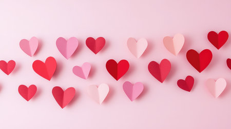Colorful paper hearts in shades of red and pink create a charming arrangement against a soft pink background, ideal for inspiration in romantic themes or celebrations.の素材