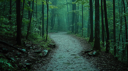 A tranquil pathway winds through a lush green forest, shrouded in soft fog, creating a serene atmosphere perfect for nature lovers seeking peace and reflection.の素材