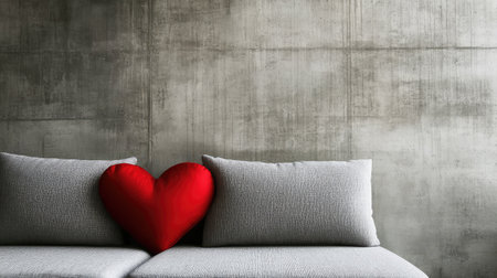 A stylish living room scene featuring a grey sofa adorned with a vibrant red heart pillow set against a textured concrete wall, creating a cozy atmosphere.の素材