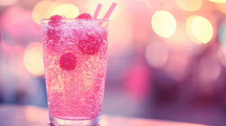 A vibrant pink drink with raspberries and bubbles, perfect for summer gatherings and celebrations. Ideal for refreshing moments and social experiences.の素材