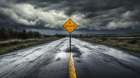 A captivating image of an empty road featuring a caution sign against a backdrop of dramatic clouds, creating an eerie and atmospheric scene reflecting nature's power.の素材