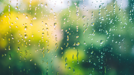 A serene close-up of raindrops on window glass, showcasing individual droplets against a blurred green backdrop, creating a tranquil and peaceful atmosphere that captures the essence of rain.の素材
