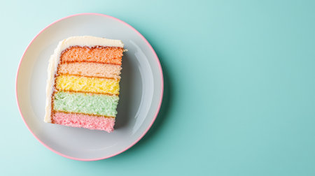 A vibrant slice of colorful layered cake presented on a simple plate, capturing the essence of delightful desserts, perfect for celebrations or festive gatherings.の素材