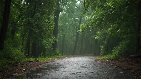 A peaceful view of a rain-soaked pathway through a lush green forest, showcasing tranquility and the beauty of nature amidst gentle rainfall for outdoor enthusiasts.の素材