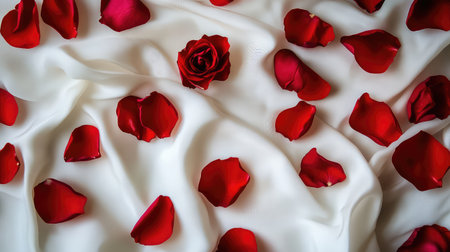 A beautiful scene featuring red roses and petals scattered elegantly on soft white fabric, perfect for romantic settings and various celebrations.の素材