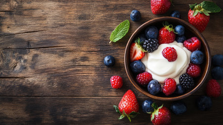 A delightful bowl of creamy yogurt topped with a variety of fresh berries, showcasing strawberries, raspberries, blueberries, and blackberries on a rustic wooden table.の素材