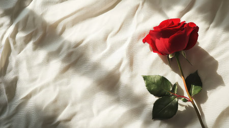 A stunning red rose rests gracefully on a soft white fabric, evoking feelings of love and serenity. Perfect for artistic and romantic themes in photography or design.の素材