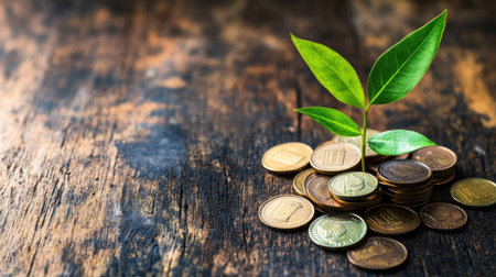 A vibrant green plant emerges from a pile of coins on an aged wooden surface, symbolizing the interconnection between nature and financial growth, prosperity, and investment.の素材