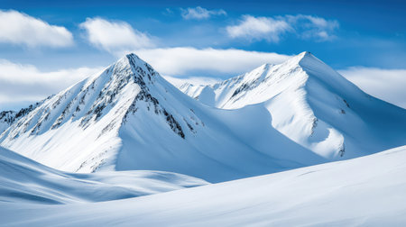 Stunning snow-covered mountains rise majestically against a brilliant blue sky, offering a serene winter landscape perfect for nature lovers and outdoor enthusiasts seeking tranquility.の素材