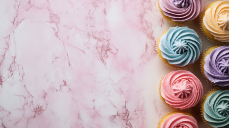 A vibrant display of colorful cupcakes with beautifully swirled frosting sits on a pink marble background, creating an inviting and delightful atmosphere for any celebration.の素材
