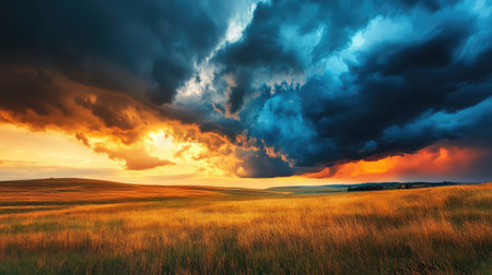 A stunning landscape captures the enchanting moment when sunlight meets dark storm clouds over a golden field, blending vibrant colors and natural beauty in a serene atmosphere.の素材