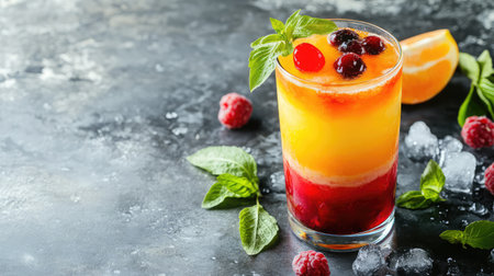 A vibrant cocktail with colorful layers featuring fresh fruits, ice, and mint leaves against a dark slate background, perfect for summer celebrations and refreshing enjoyment.の素材
