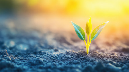 A vibrant green seedling breaks through rich soil, bathed in the soft glow of a sunrise, symbolizing new growth and the beauty of nature's cycles.の素材