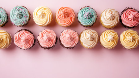 An enticing arrangement of gourmet cupcakes with beautifully swirled frosting in pastel shades, perfect for a delightful dessert display or celebration theme.の素材