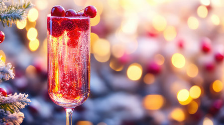 A delightful cocktail featuring bright cherries in a sparkling beverage served in an elegant glass, surrounded by a beautiful bokeh backdrop perfect for festive celebrations.の素材