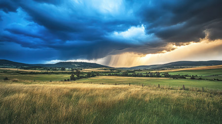 Captivating landscape featuring dark, dramatic clouds over green fields, with a stunning display of sunset light illuminating the scene, creating a vivid contrast in nature.の素材