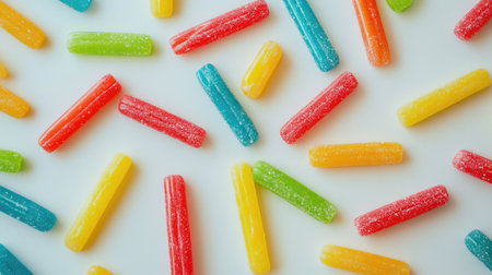 A lively arrangement of colorful candy sticks on a white surface, bringing a sense of joy and sweetness, ideal for festive occasions or dessert inspiration.の素材