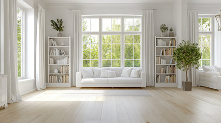 A bright and airy living room featuring a cozy white sofa and large windows that offer stunning views of lush greenery, perfect for relaxation and inspiration in home decor.の素材