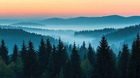 Breathtaking view of a misty forest during sunrise, showcasing rolling hills layered with dense evergreen trees and a soothing color gradient in the sky.の素材