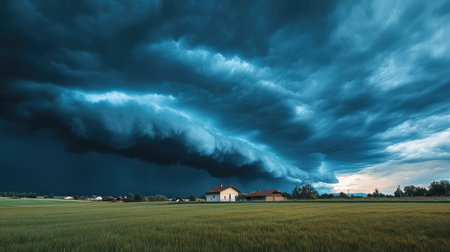 A captivating view of a rural landscape with a house under dramatic storm clouds, creating a striking contrast with the green fields beneath a moody sky.の素材