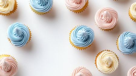 A visually appealing arrangement of colorful cupcakes featuring swirled frosting in pastel shades, ideal for party decor, food photography, and dessert inspiration.の素材